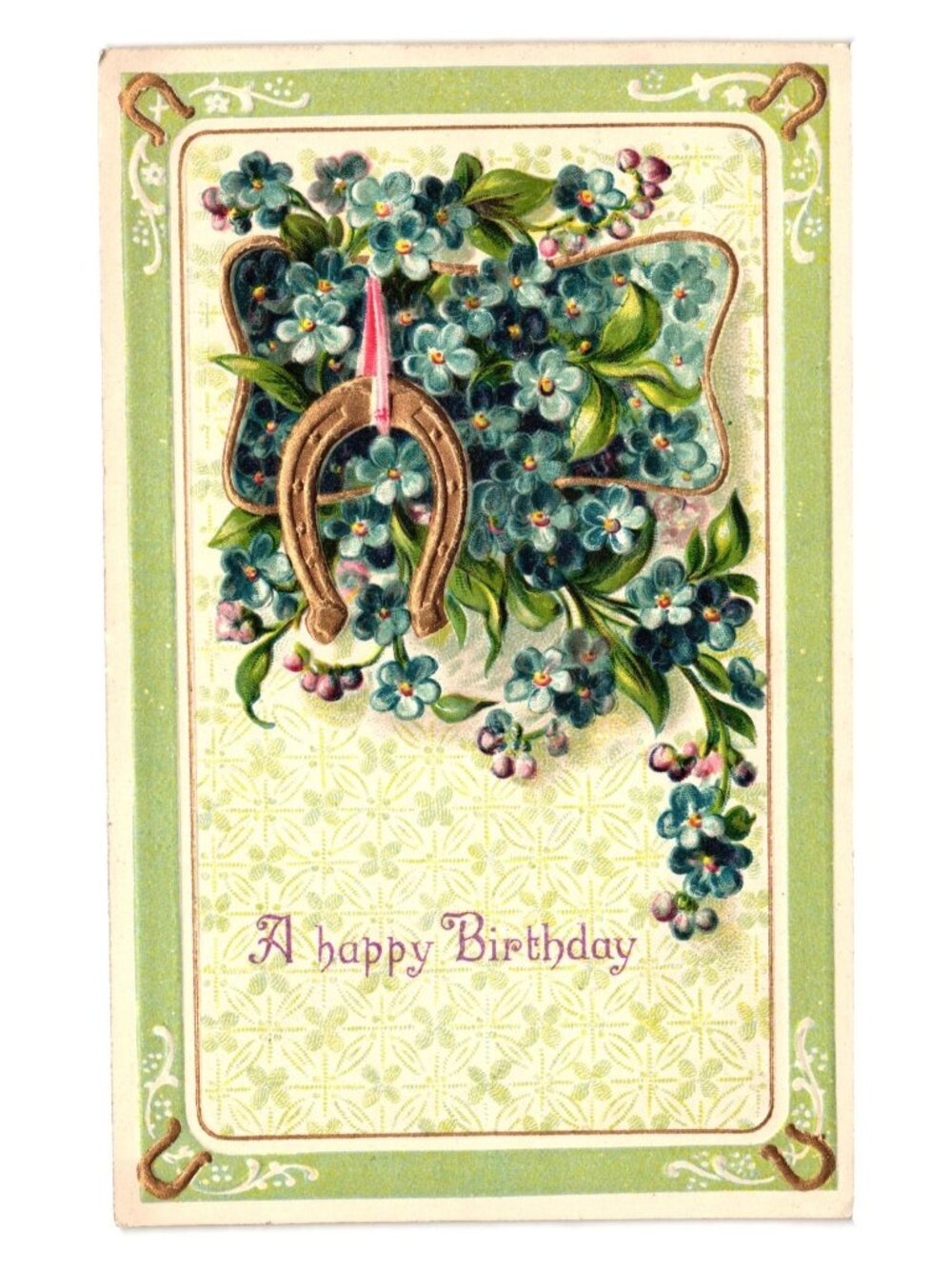 Antique Germany Printed Birthday Postcard Horseshoe Forget Me Nots Embossed